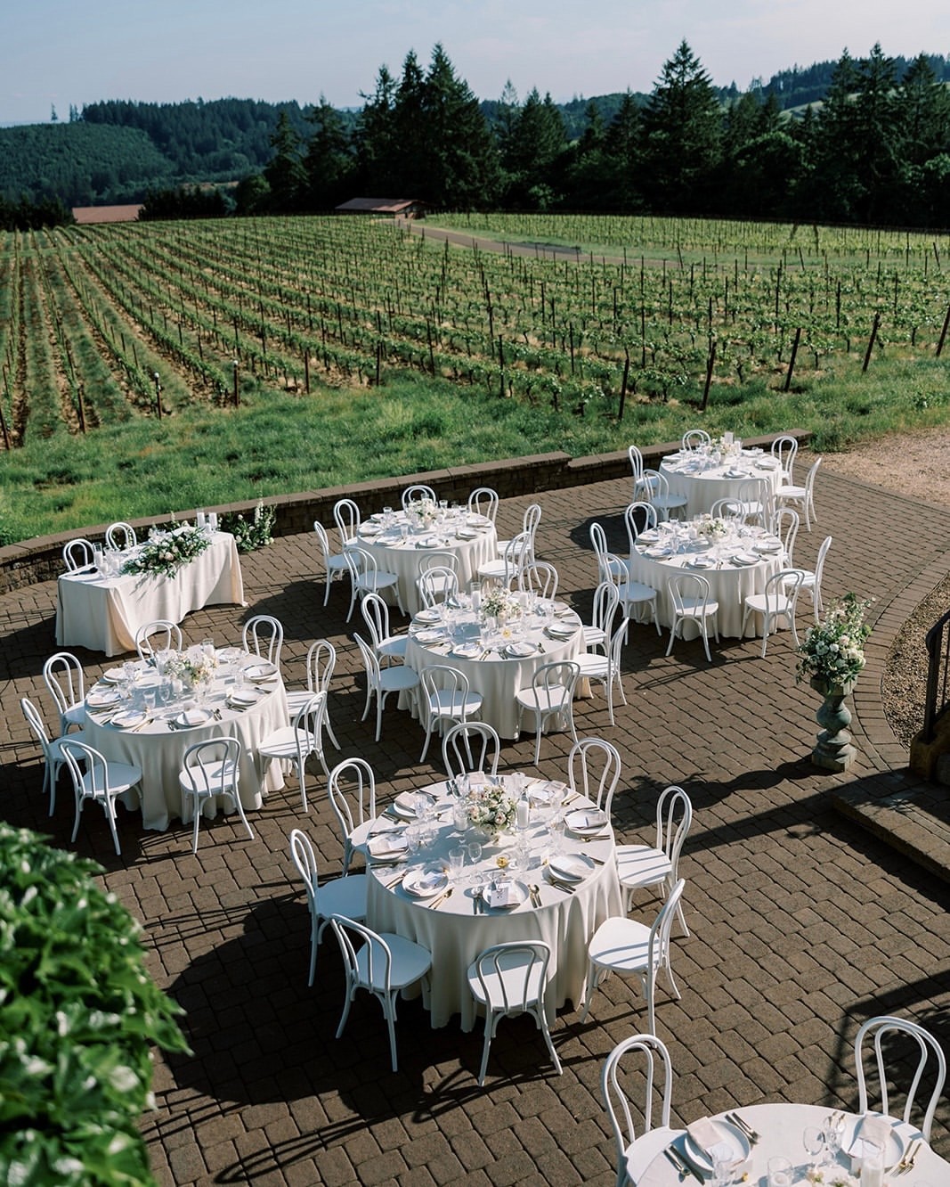 reception tables with vineyard at european-inspired wedding venue 