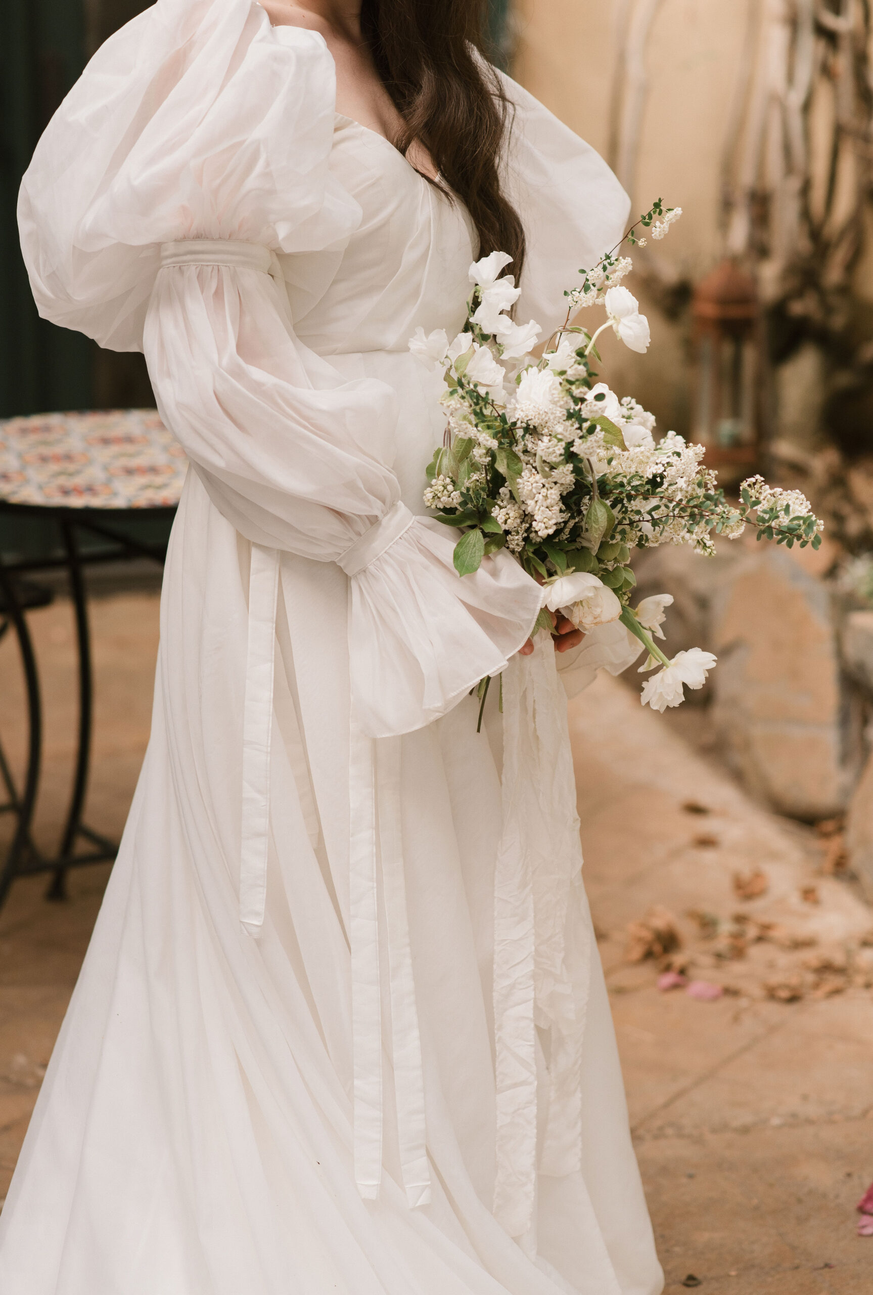 bride dress and flowers