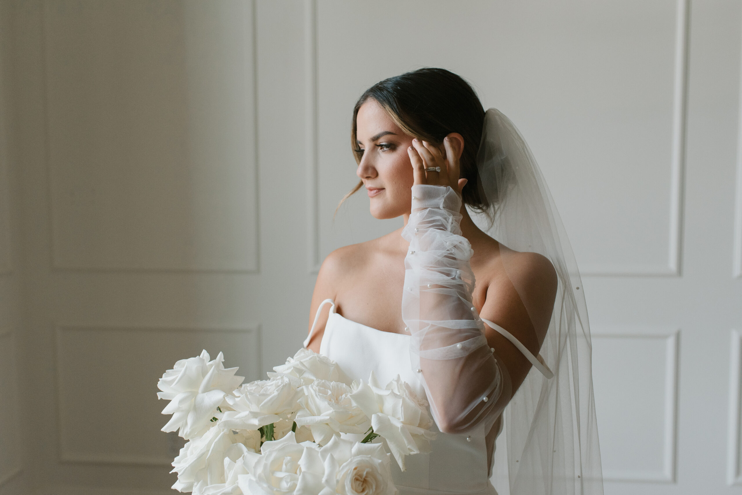 editorial bridal portrait with sheer wedding gloves