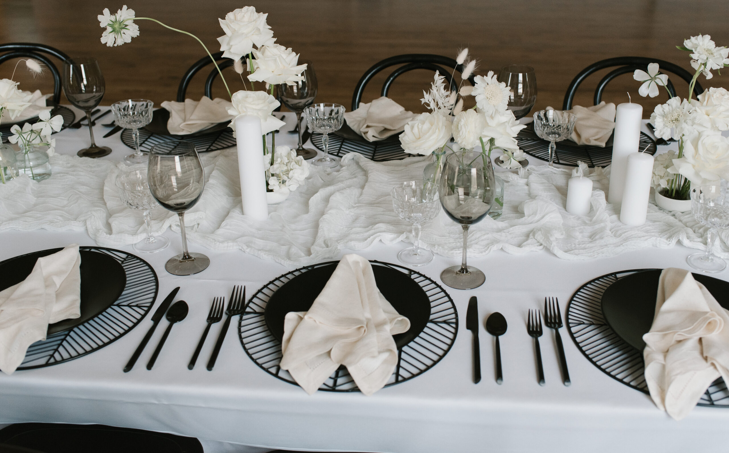black and white oregon micro wedding reception table details 