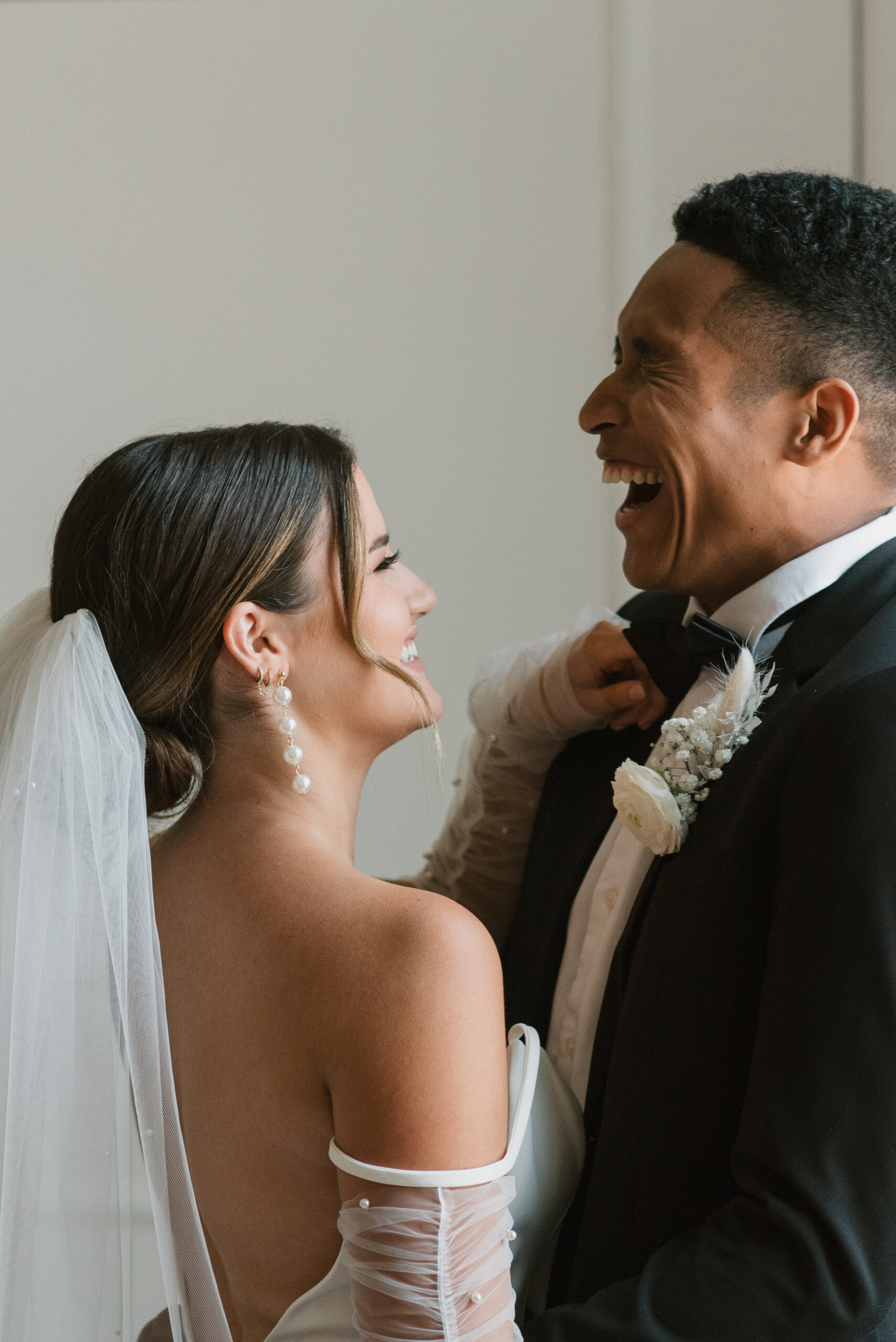 bridal couple laughing with each other at oregon micro wedding 