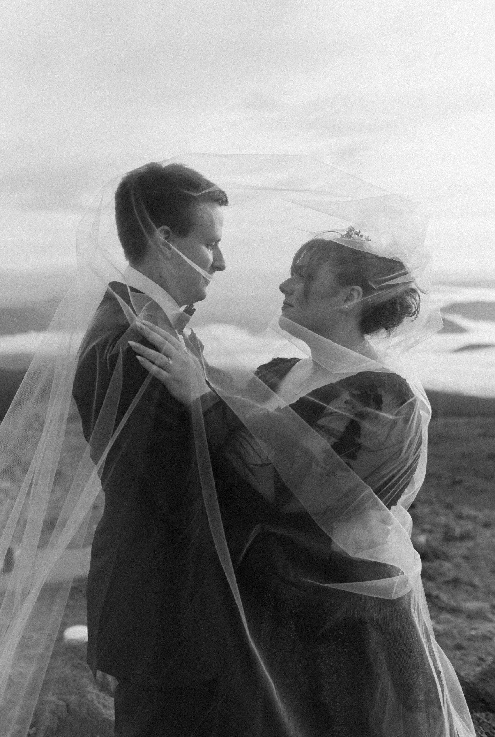 bride and groom under wedding veil 