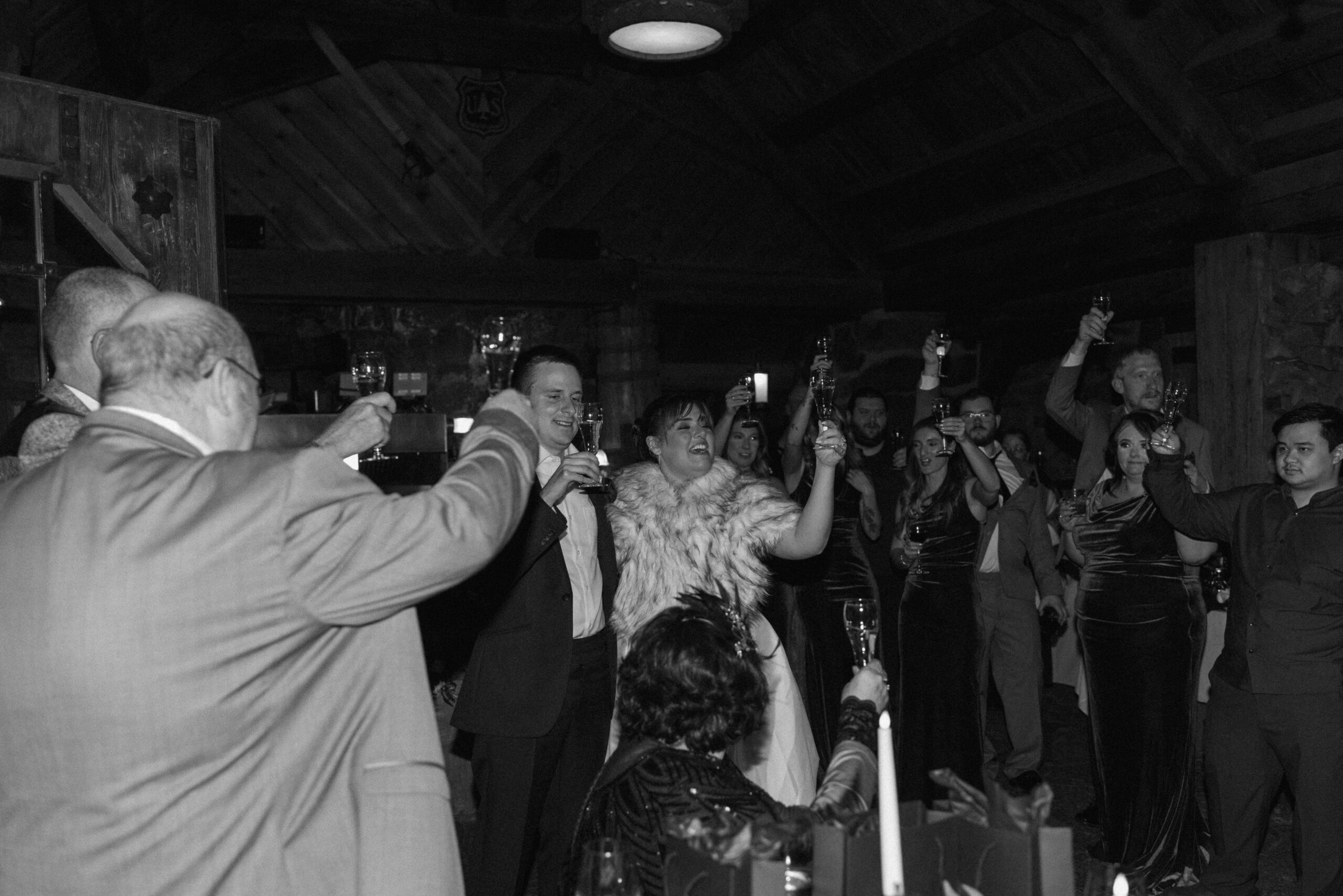 wedding party and guests raising their glasses for a toast at small unique wedding reception
