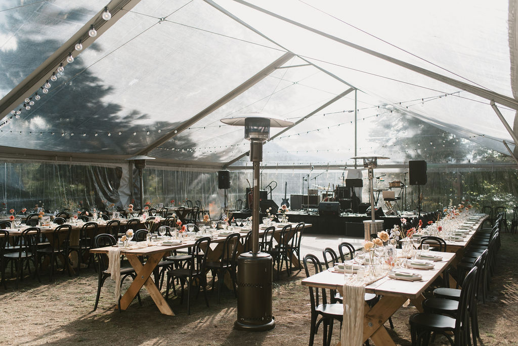 the tented reception space and tables 