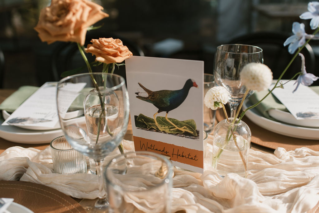 personalized wedding detail shot of bird card on their reception table 