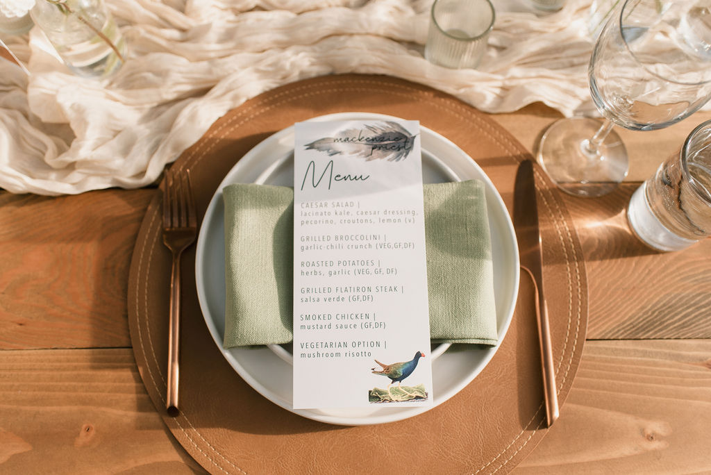 menu car and plating on the reception wedding table 