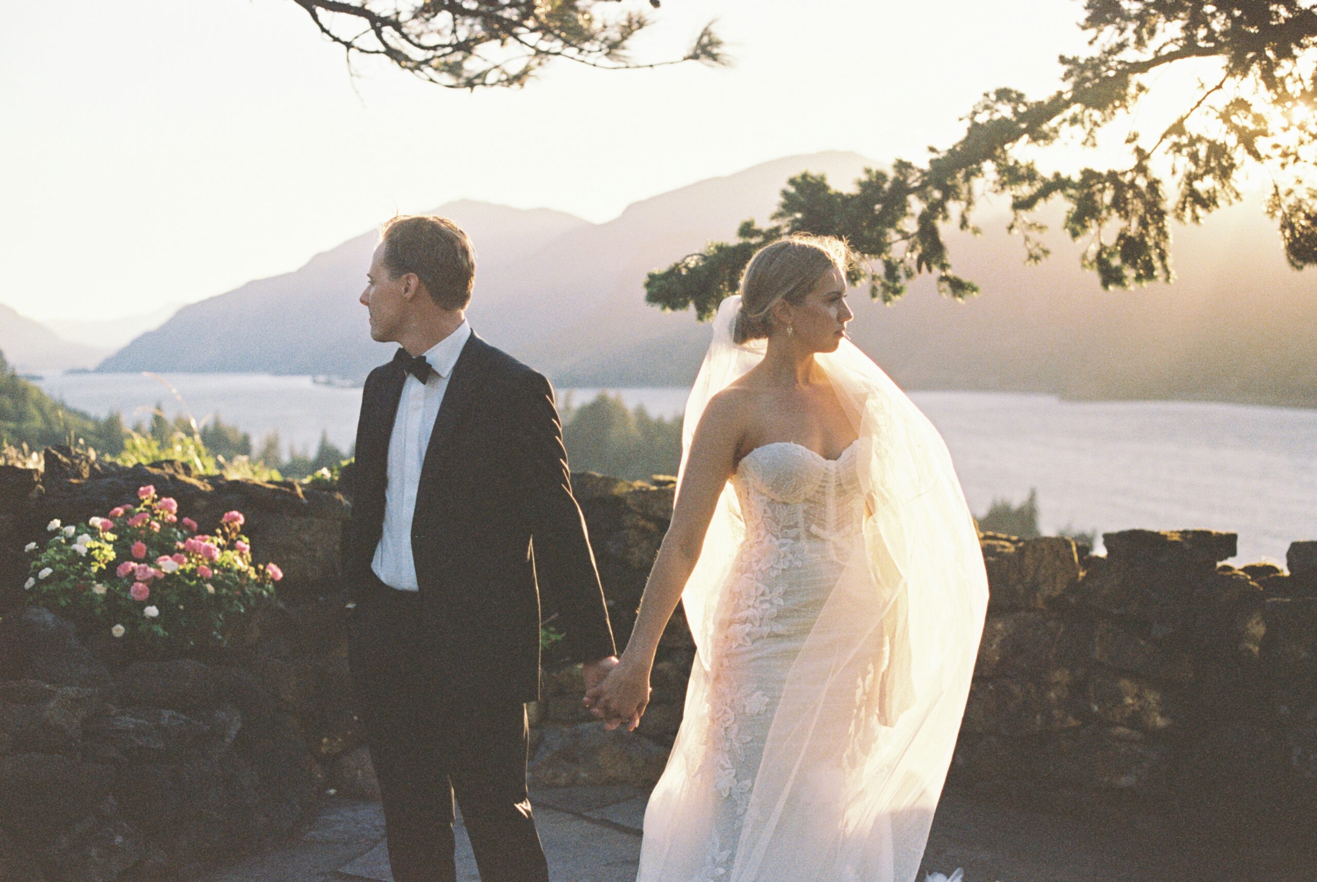 editorial shot of the bride and groom during sunset