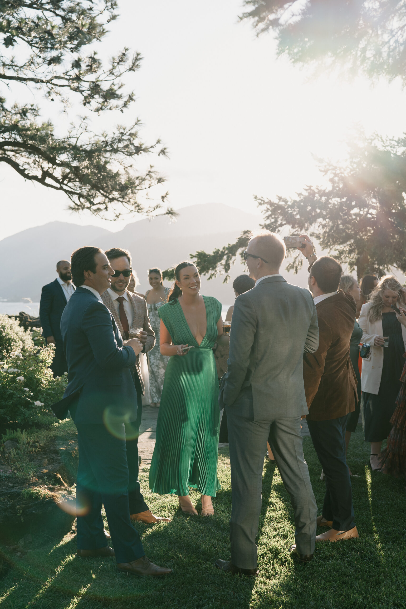 golden hour shot of the guests enjoying the view of the Columbia river gorge