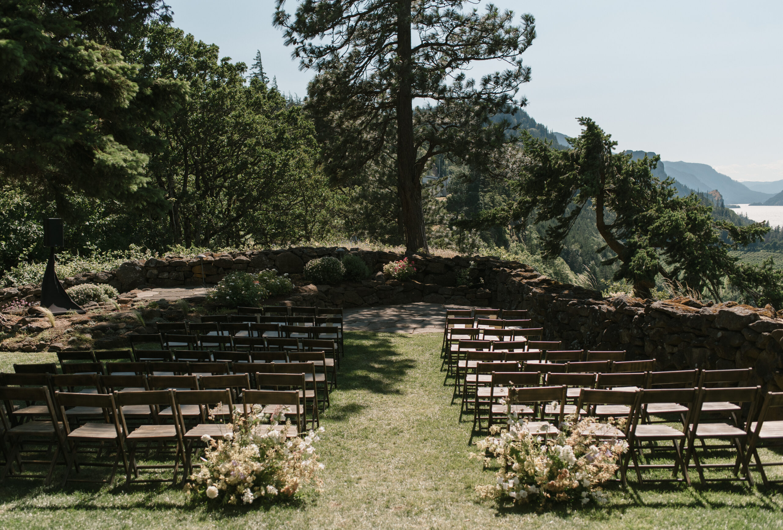 The beautiful and whimsical ceremony layout over-looking the Columbia River Gorge