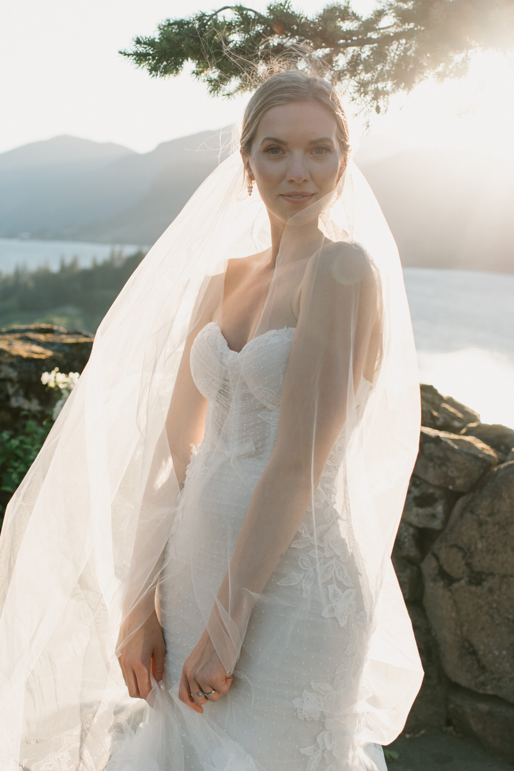 a portrait of the bride at sunset