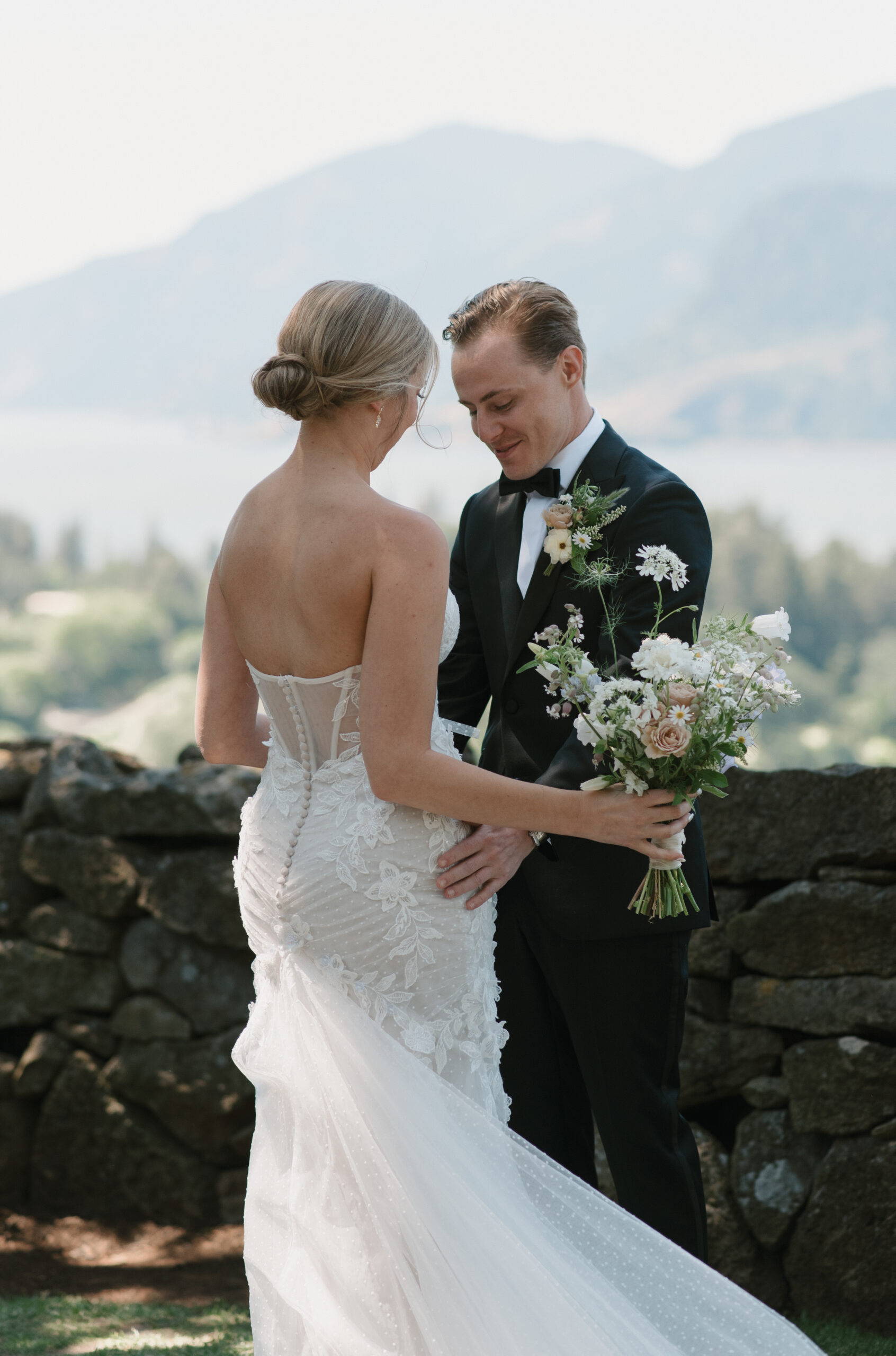 The first look between the bride and groom