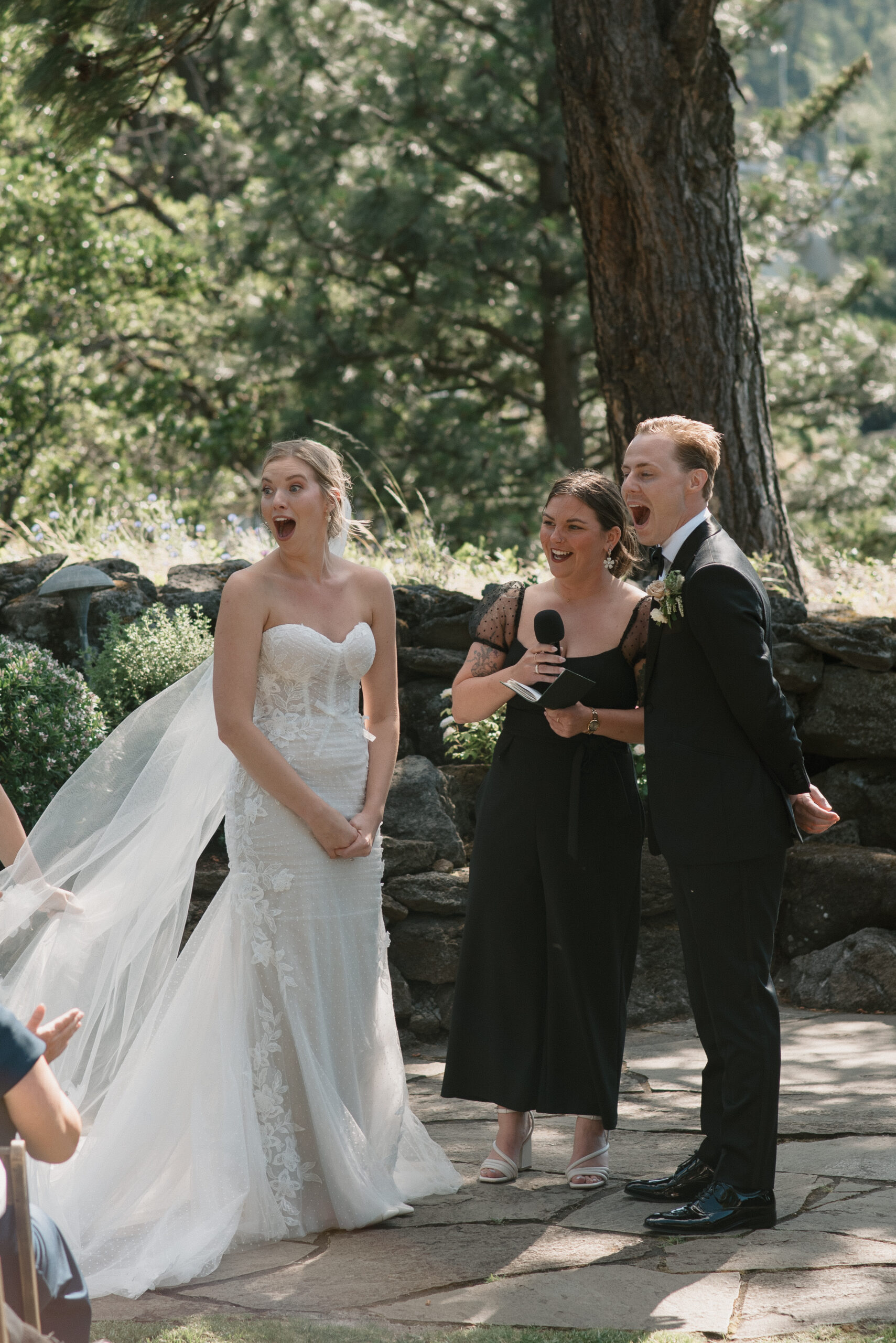 Bride and groom's reaction to being surprised with a tequila shot during the ceremony