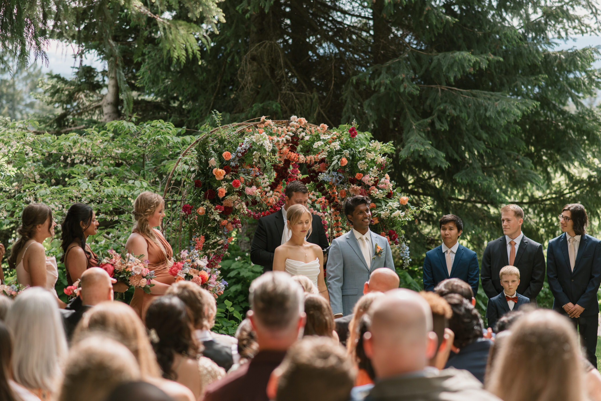 ceremony view of couple looking at all their guests at Mt Hood