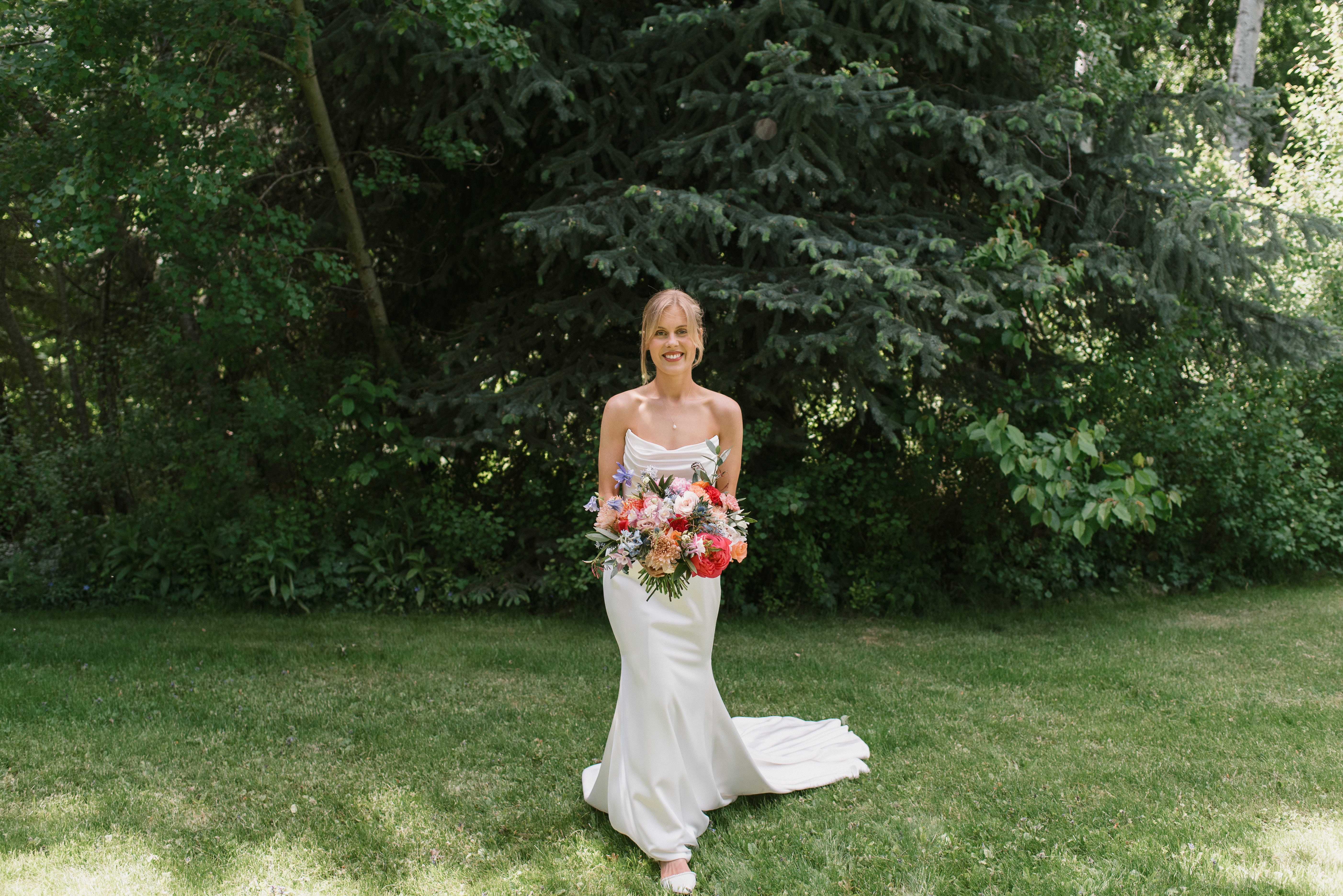 solo photo of bride with her wedding bouquet at mt hood organic farms