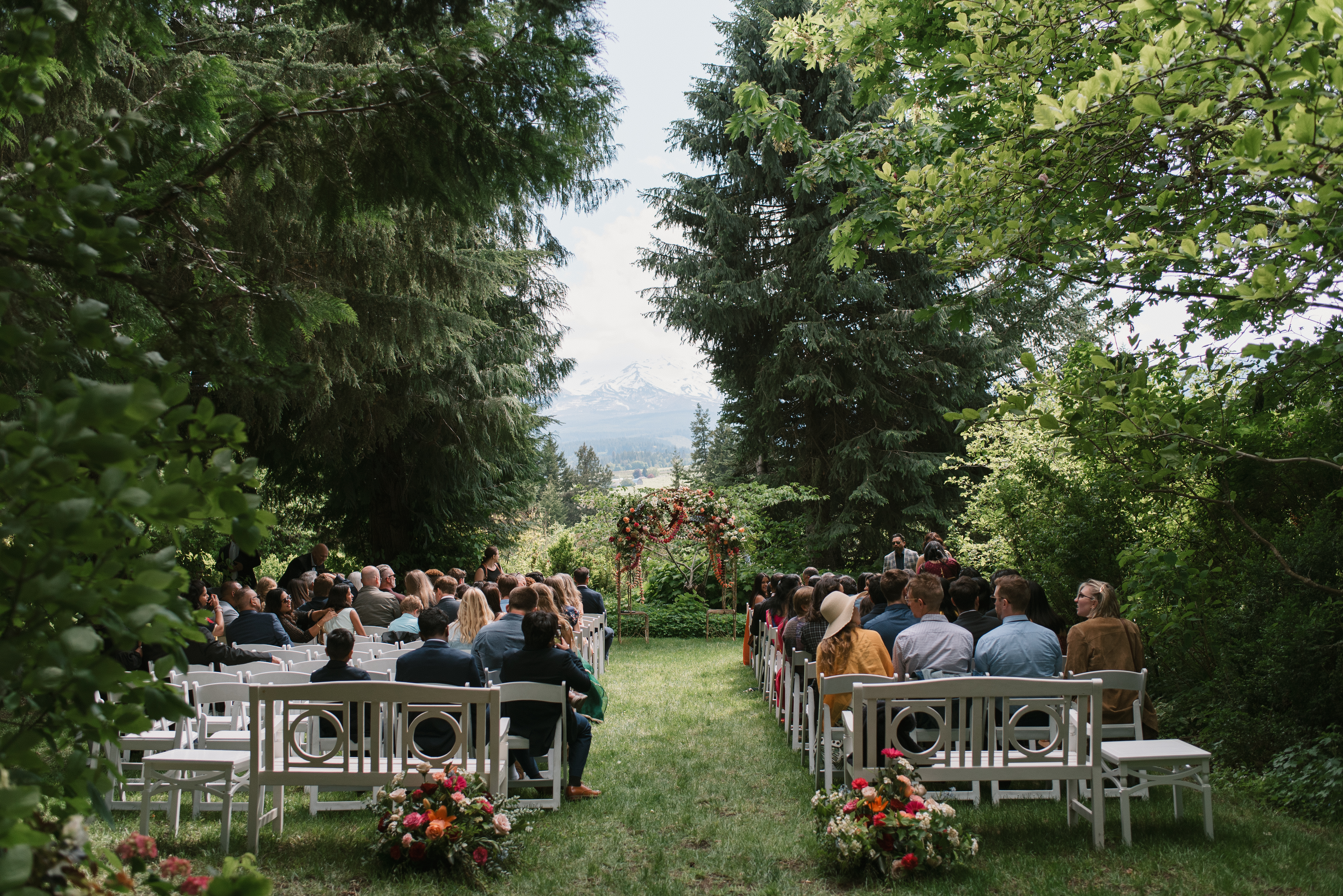 ceremony view of a wedding at mt hood organic farms