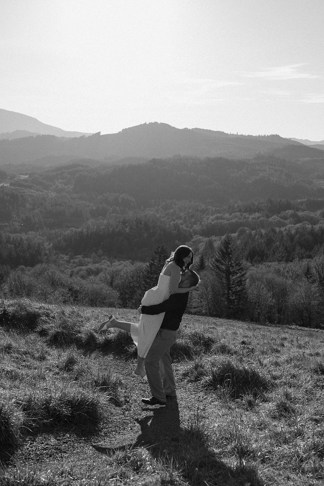 epic view for engagement photos in black and white