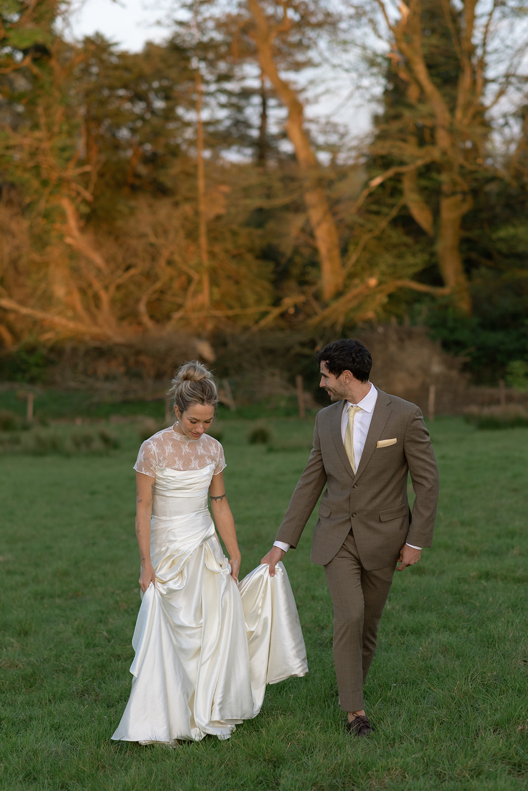 Sunset over the gardens at Hilton Park Manor, Ireland intimate wedding golden hour