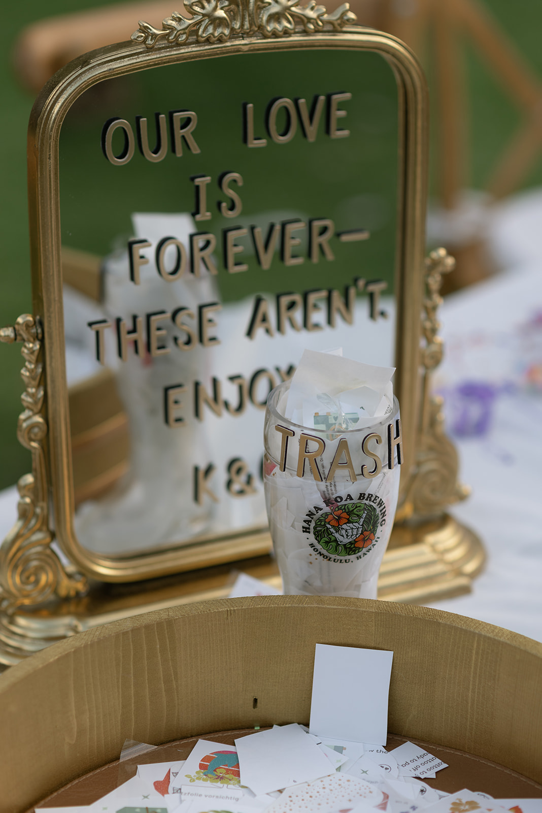 detail photo of the bride and groom's temporary tattoo table